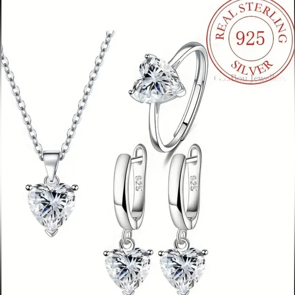 925 Sterling Silver Heart-Shaped Cubic zirconia Necklace Ring And Earrings